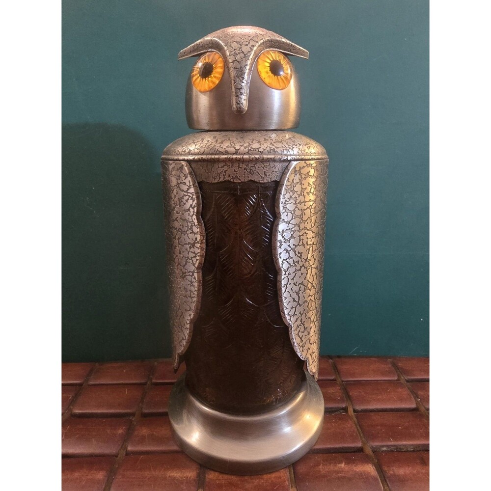 Mid Century Owl Decanter Pewter & Amber Glass 9"x4" Diameter 1 Liter Capacity